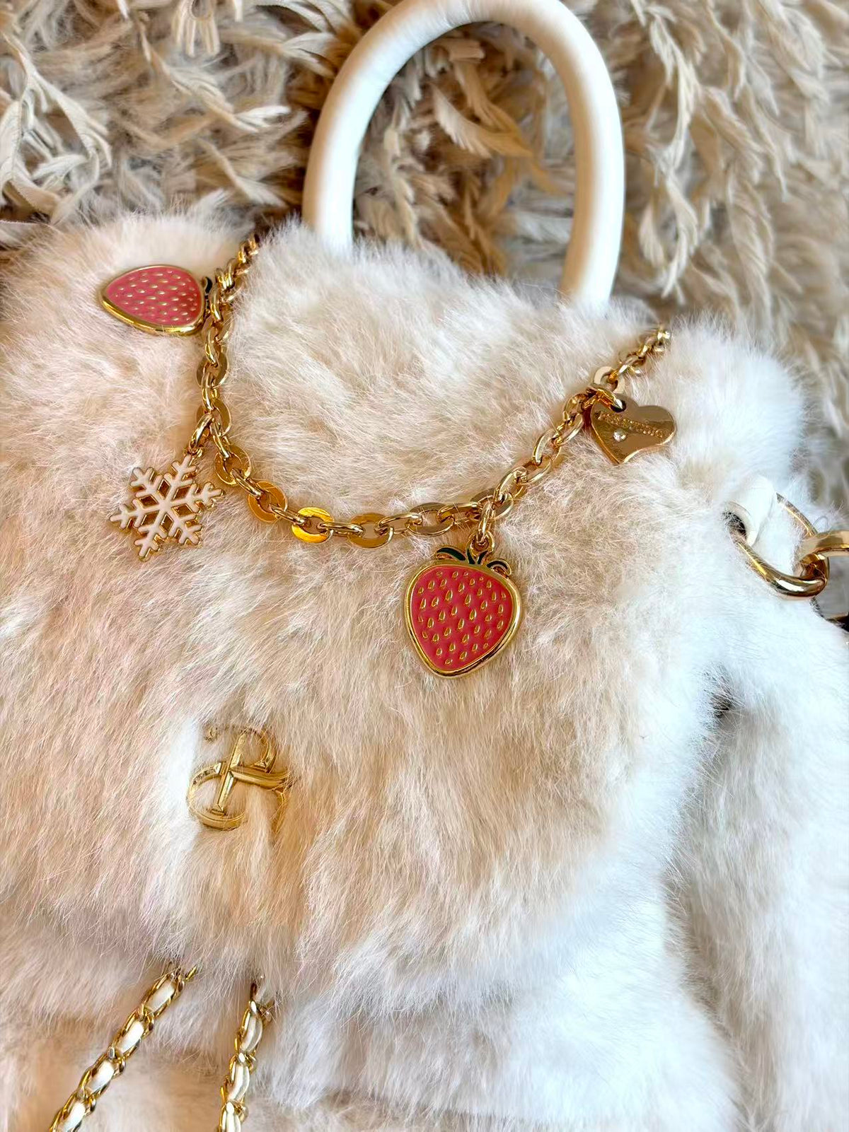 PSN Cream White Faux Fur Backpack – Gold Chain & Charm Detail
