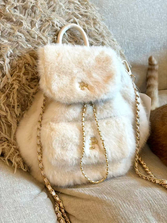 PSN Cream White Faux Fur Backpack – Gold Chain & Charm Detail